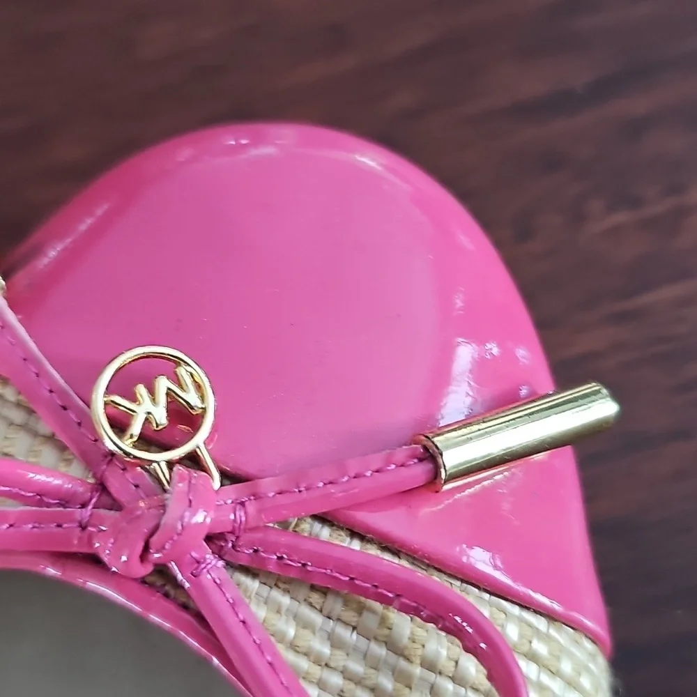 Michael Kors Jordana Pink & Straw Ballet Flats Patent MK Logo Sz 7M